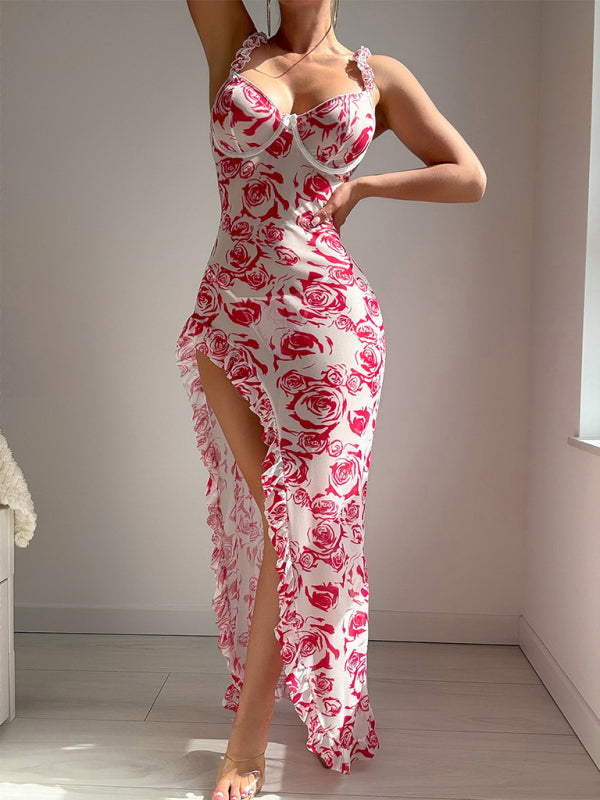 New women's floral print halter dress with slit, sexy lingerie