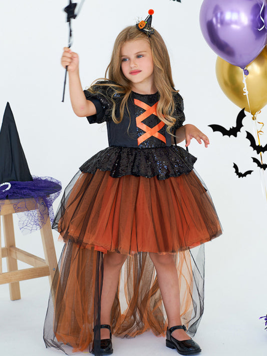 Halloween Girls Witch Tulle Dress Costume Set - Kids Party Outfit Orange