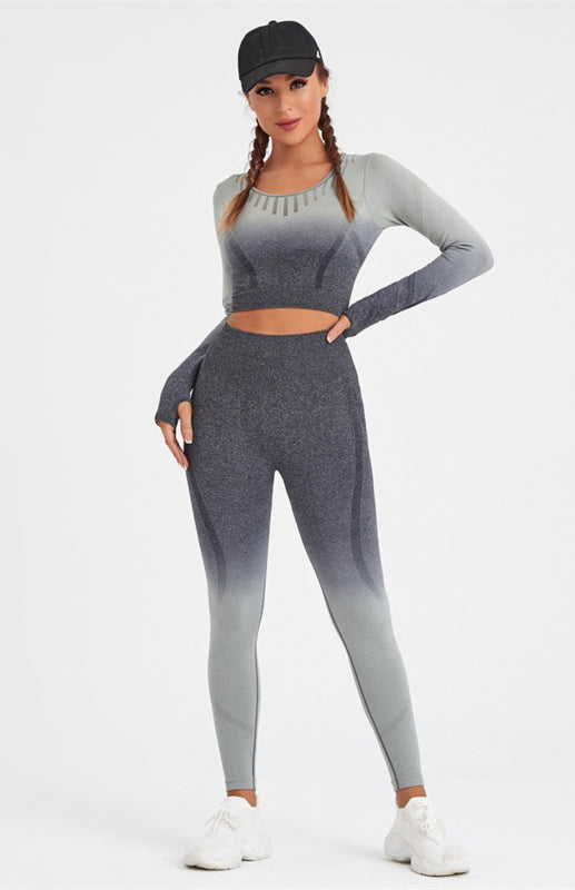 Women's Long Sleeve Gradient Yoga Set - High Waist Leggings & Top