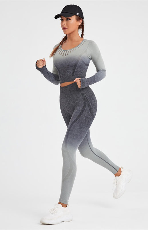 Women's Long Sleeve Gradient Yoga Set - High Waist Leggings & Top Black