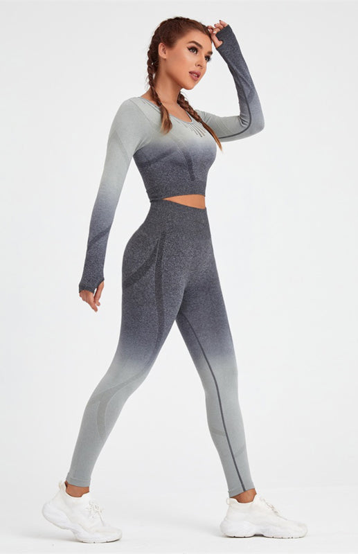 Women's Long Sleeve Gradient Yoga Set - High Waist Leggings & Top