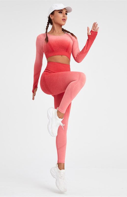 Women's Long Sleeve Gradient Yoga Set - High Waist Leggings & Top