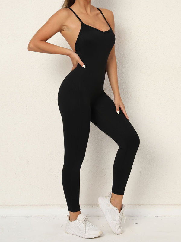 Women's Camo Athletic Jumpsuit - Cross Strap & High Waist Design