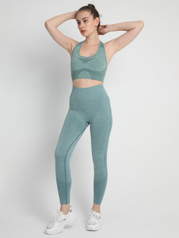 Women's Seamless Athletic Set - Dotted Sports Bra & High-Waist Leggings Green