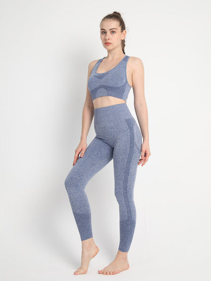 Women's Seamless Athletic Set - Dotted Sports Bra & High-Waist Leggings Light blue grey