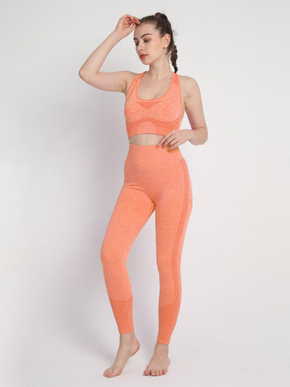 Women's Seamless Athletic Set - Dotted Sports Bra & High-Waist Leggings Orange