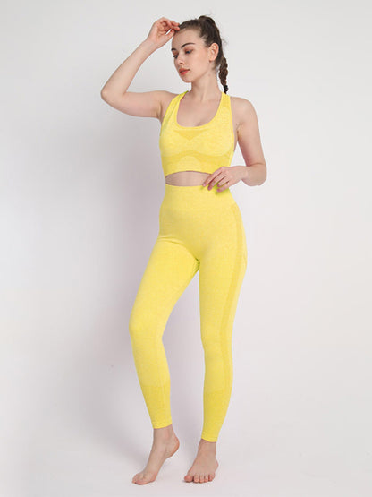 Women's Seamless Athletic Set - Dotted Sports Bra & High-Waist Leggings Yellow