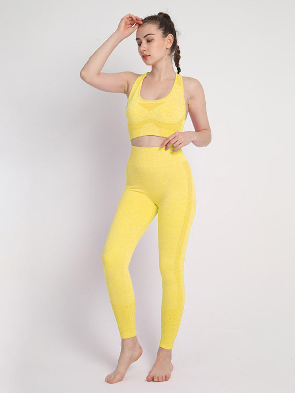 Women's Seamless Athletic Set - Dotted Sports Bra & High-Waist Leggings Yellow