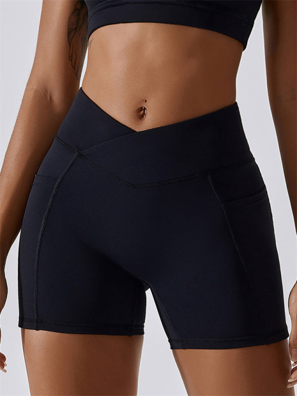 Women's Hip Pocket Crossover Waist Leggings Sports Shorts Black