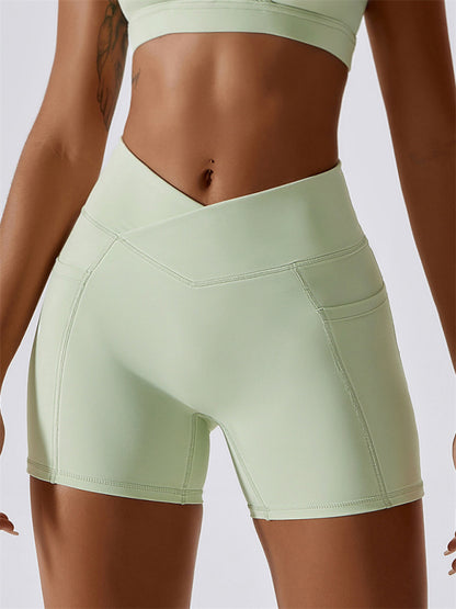 Women's Hip Pocket Crossover Waist Leggings Sports Shorts Green