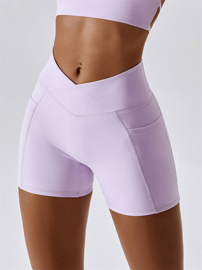 Women's Hip Pocket Crossover Waist Leggings Sports Shorts Purple