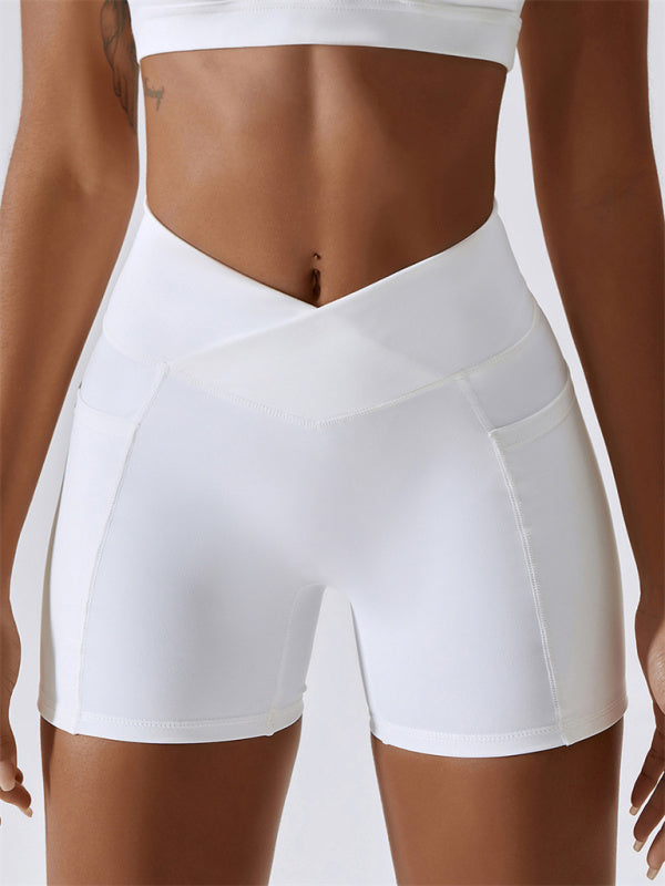 Women's Hip Pocket Crossover Waist Leggings Sports Shorts White