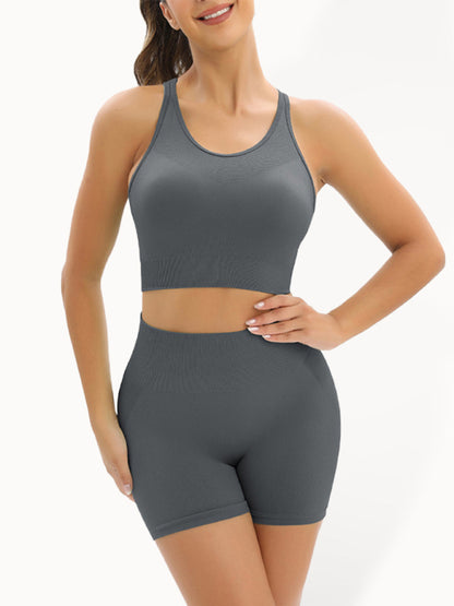 Women's Seamless Cotton Athletic Set - High-Waist Shorts & Tank Top Charcoal grey