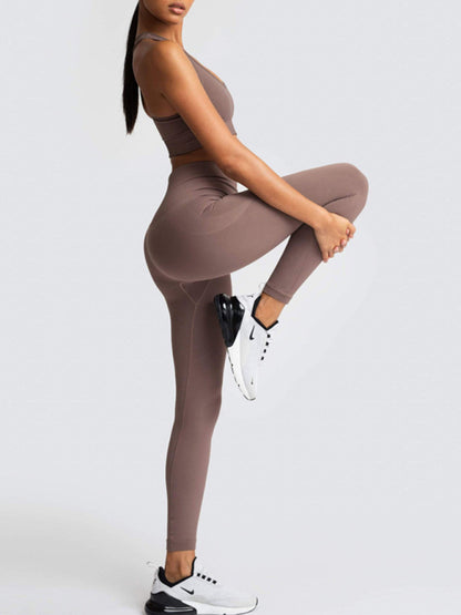 Women's Beautiful Back High Waist Peach Hip Seamless Knitted Vest & Pants Set