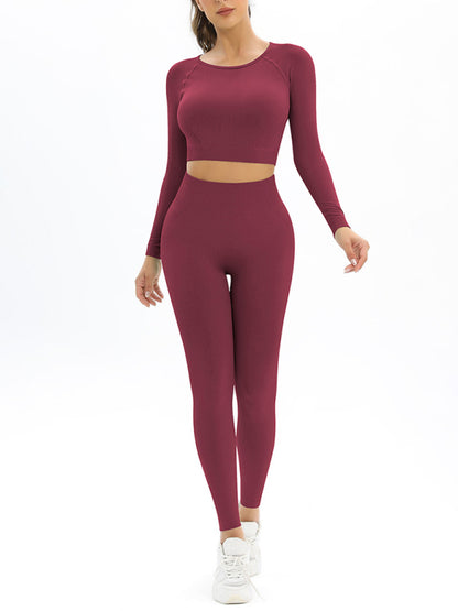 Women's Seamless Athletic Set - Long Sleeve Top & Leggings Wine Red