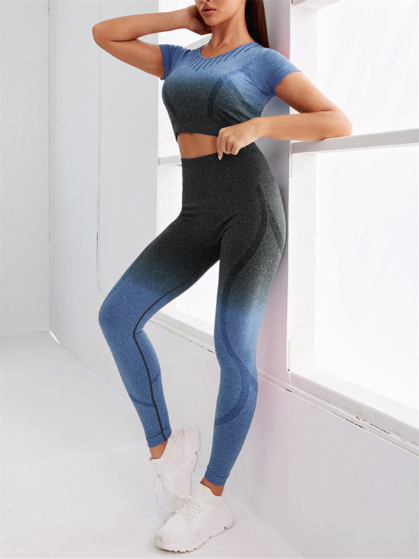 Women's Gradient Tie-Dye Seamless Yoga Set - Two-Piece Athletic Wear Dark Blue