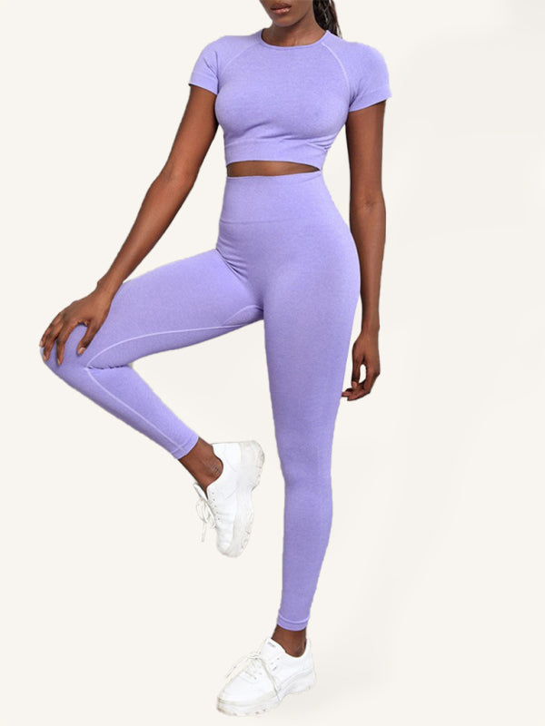 Women's Solid Color Seamless Exercise Yoga Short Sleeve & Pants Set Purple