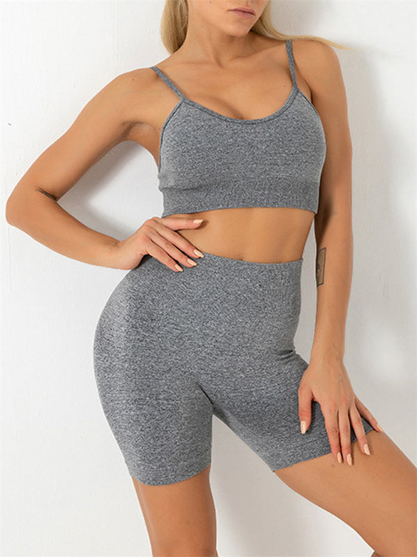 Women's Solid Color Seamless Camisole Yoga Sports Bra & Shorts Set Grey