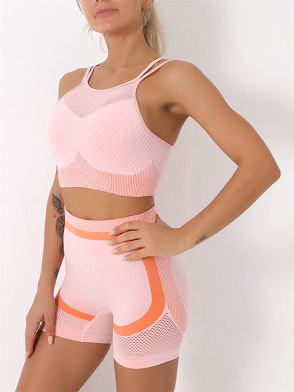 Women's Quick-Dry Seamless Backless Camisole & Shorts Yoga Set Pink