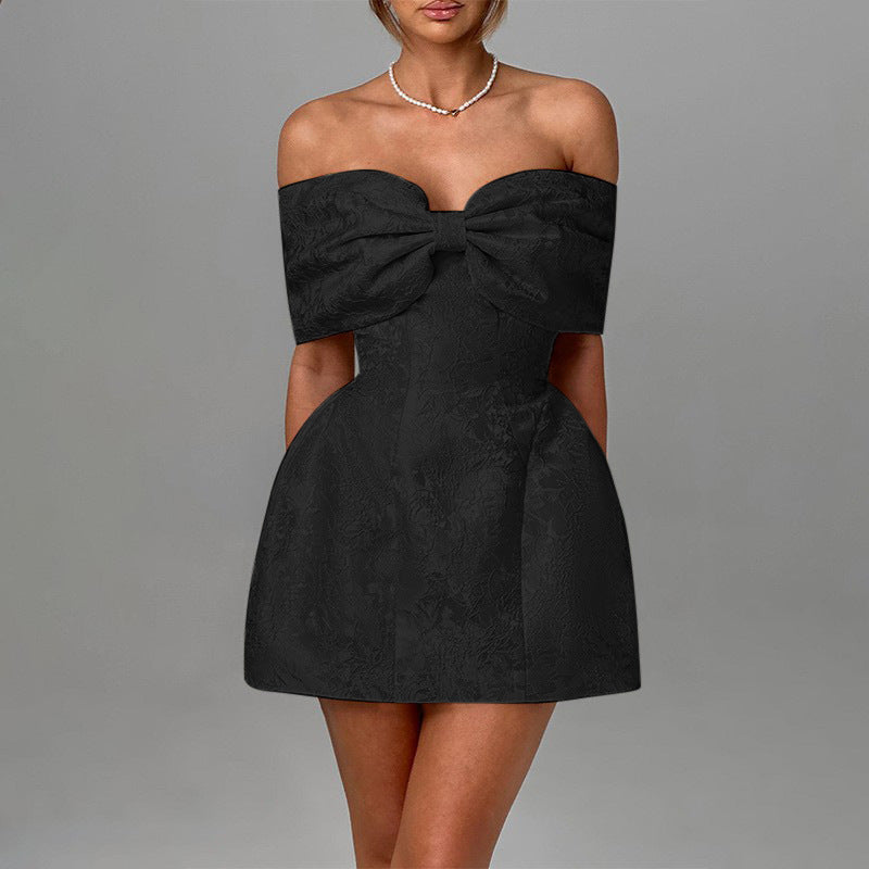 One-shoulder bow sexy backless dress Black