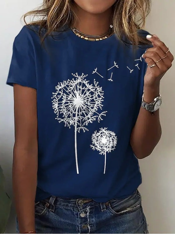 Dandelion Print Sleeveless Tank Top Polyester Women's Knit Tee Blue