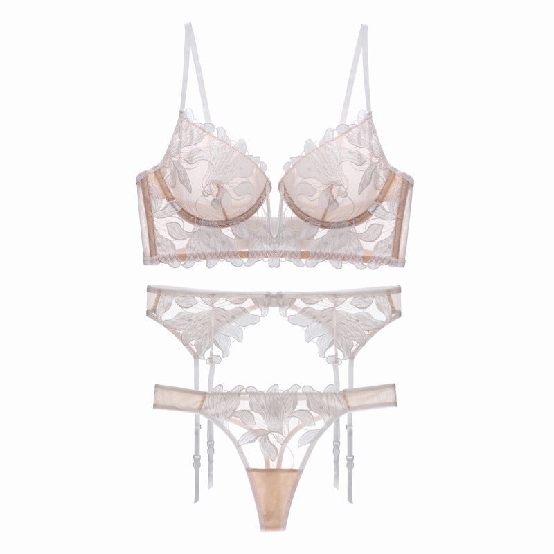 Ty094Bp3 Deep V Ultra-Thin Gauze Embroidered Garter Belt 3 Piece Underwear Set Raw white off white