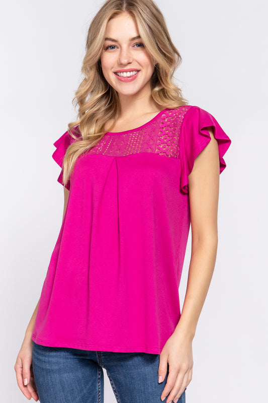 Ruffle Sleeve Knit Top with Lace Detail MAGENTA